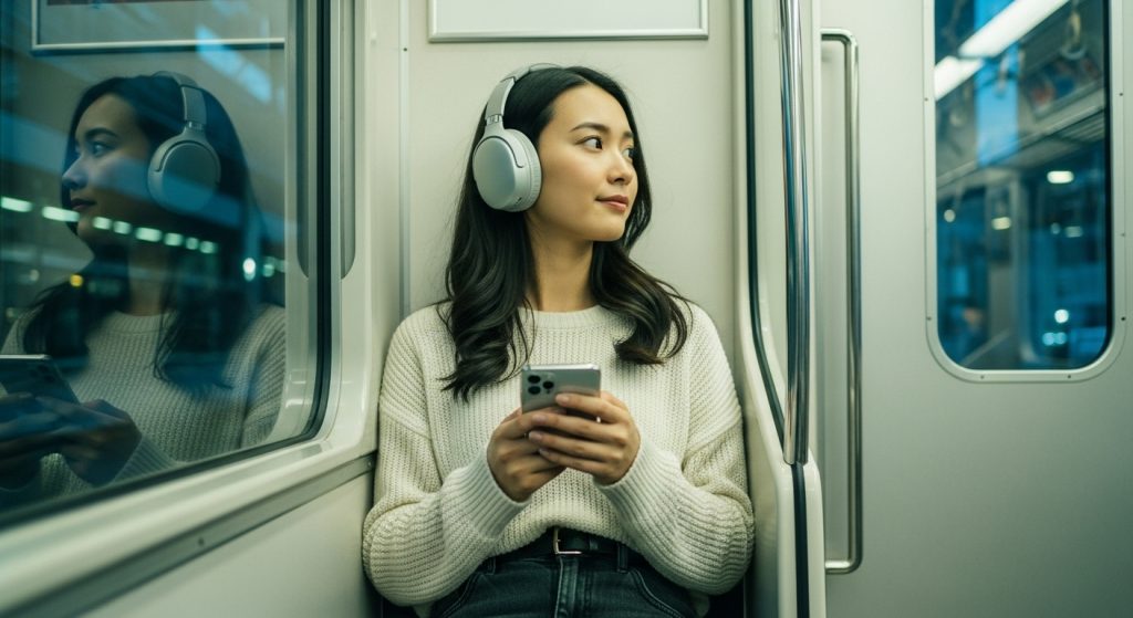 地下鉄でスマホを見ながらヘッドホンでオーディブルを聴く日本人女性