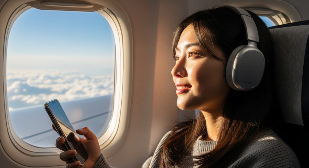 飛行機の座席でスマートフォンとヘッドホンを使いオーディオブックを楽しむ様子