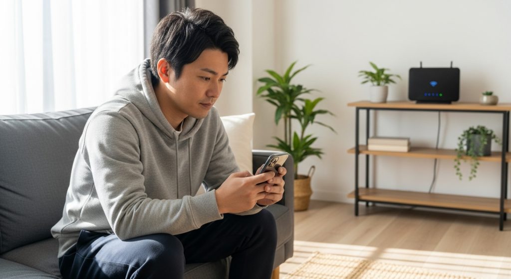 リビングでスマートフォンの設定とWi-Fi接続を確認する男性