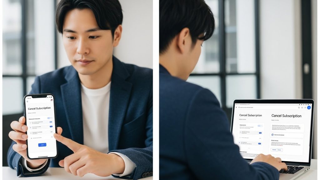 スマホやPCでオーディブルを解約する場面を表したイメージ
