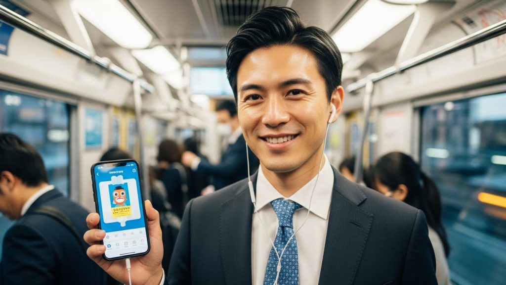 通勤中にイヤホンでオーディオブックを聴き、前向きな表情を見せるビジネスマン