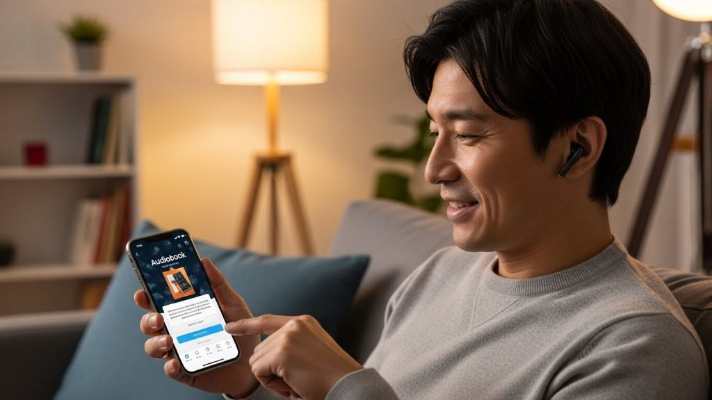 リラックスした自宅でイヤホンをつけ、無料体験登録を行う男性の様子