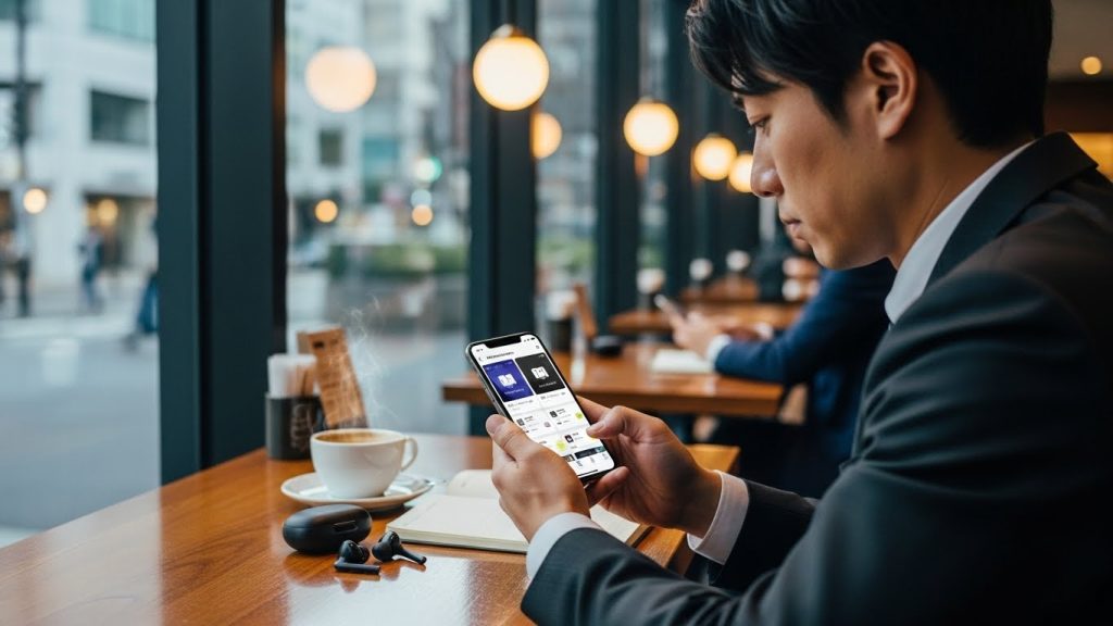 カフェのテーブルでイヤホンをそばに置き、アプリを比較するビジネスマンの手元