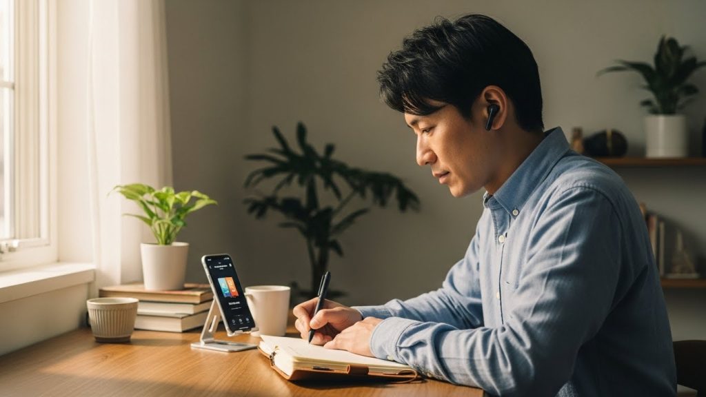 イヤホンをつけながらメモを取り、効率よく学習する30代男性のホームオフィス風景