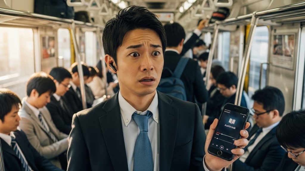 混雑した電車内でイヤホンを使い、オーディオブックを聴きながら困惑する30代男性