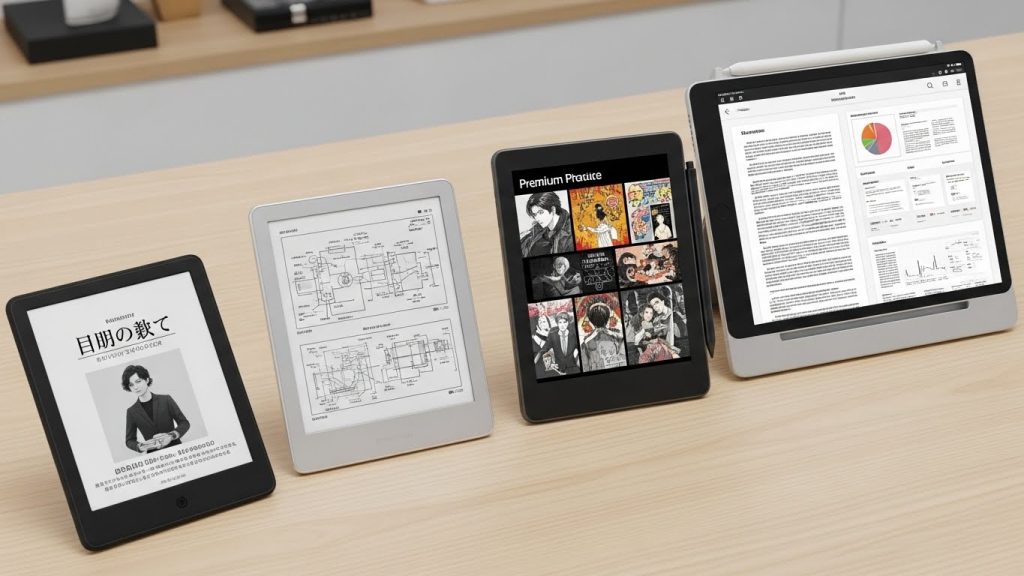 複数のKindle端末を机に並べ、比較しながら選んでいる日本人会社員向けのレビューイメージ
