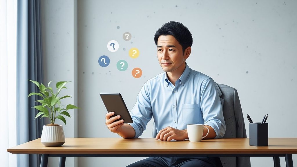 Kindle端末を見ながら疑問を考えている日本人会社員を描いた、FAQセクション用のイメージ