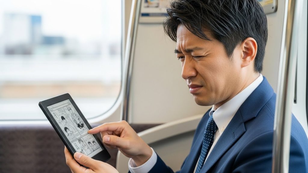 通勤電車でKindleの漫画が小さく見えて拡大し、読みにくさに困る会社員の様子