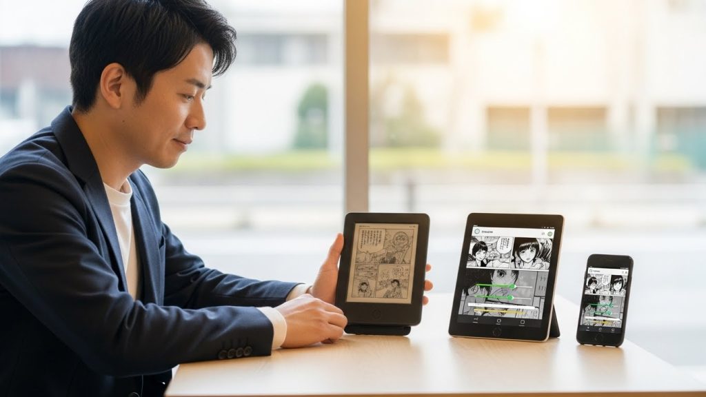 端末や設定を見直して、漫画を読みやすくする解決策を比較している会社員のシーン