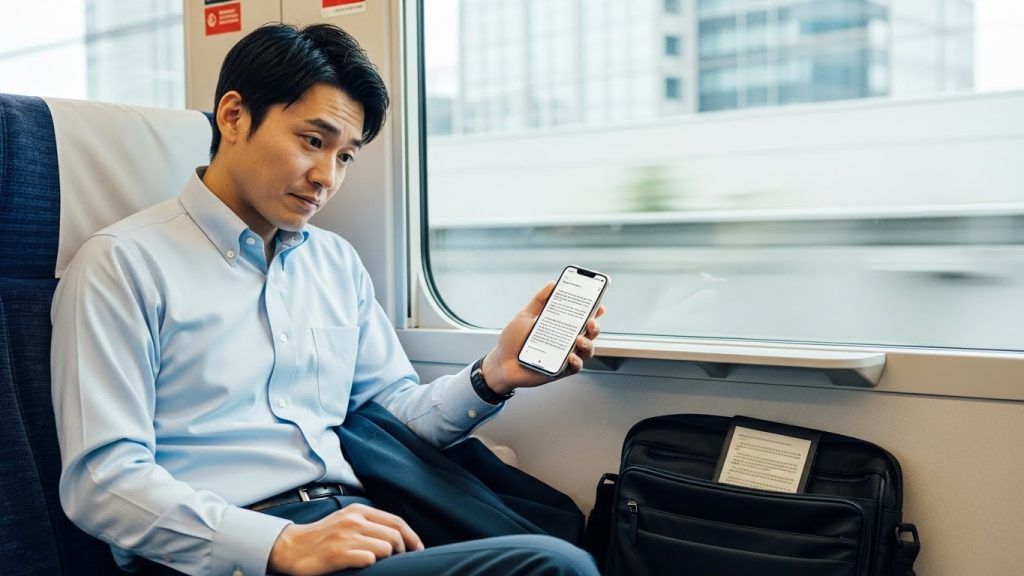 通勤電車の中でスマホ読書をしながら、Kindle端末を買うべきか迷っている日本人会社員のイメージ