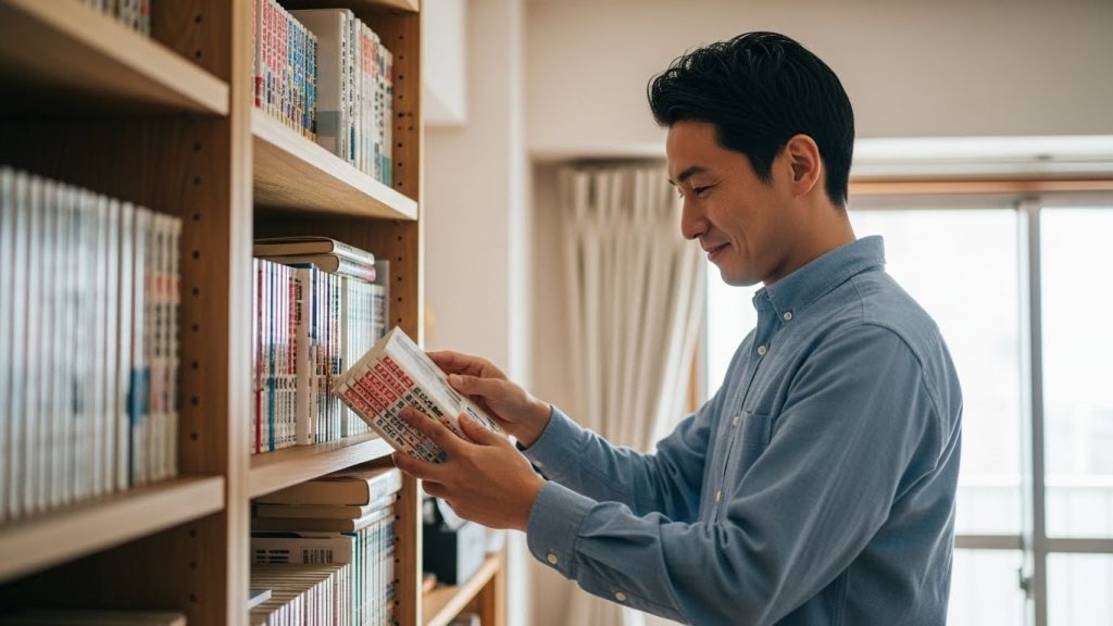 紙の本や漫画を本棚に並べて楽しむ、日本人会社員のコレクション重視の読書スタイルのイメージ