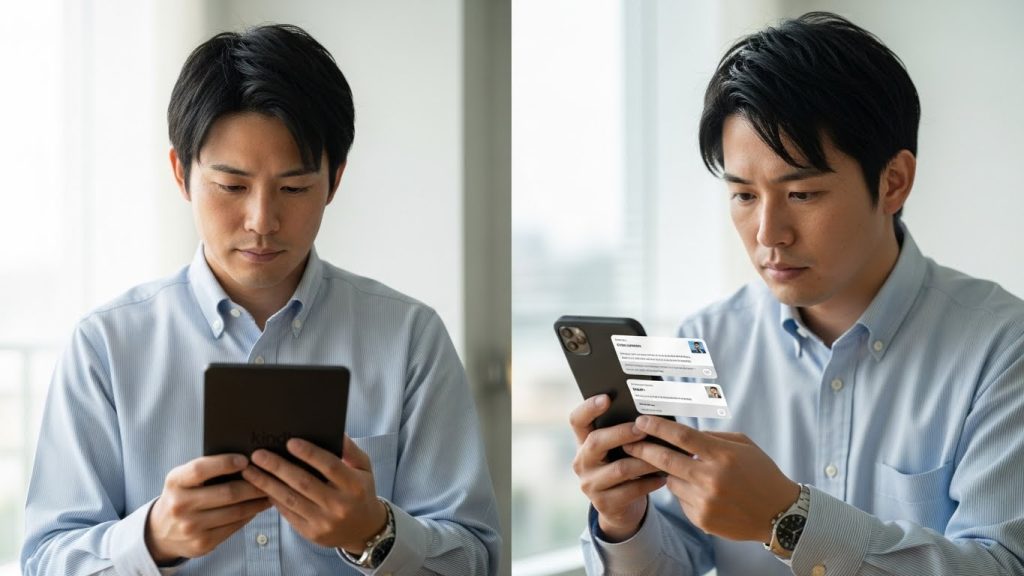 Kindle端末で集中して読書する様子と、スマホ通知に気を取られる様子を対比した日本人会社員の比較イメージ