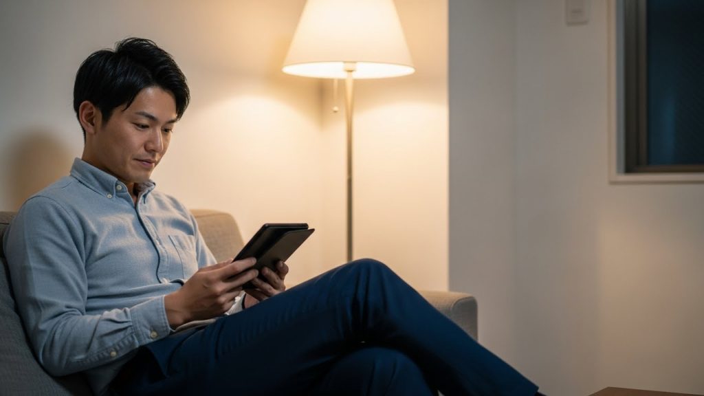 自宅でリラックスしながらKindle端末に集中して読書する日本人会社員の生活シーン