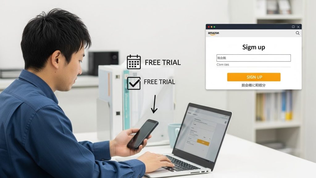 Kindle Unlimitedの無料体験を始める登録手順をイメージできる、デスクで手続きする会社員のシーン