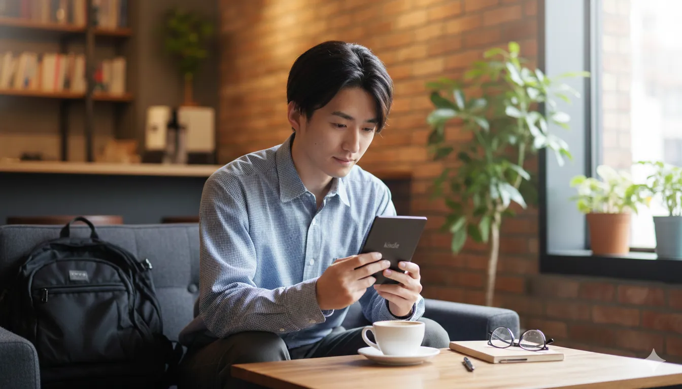 Kindle専用端末で電子書籍を読む男性