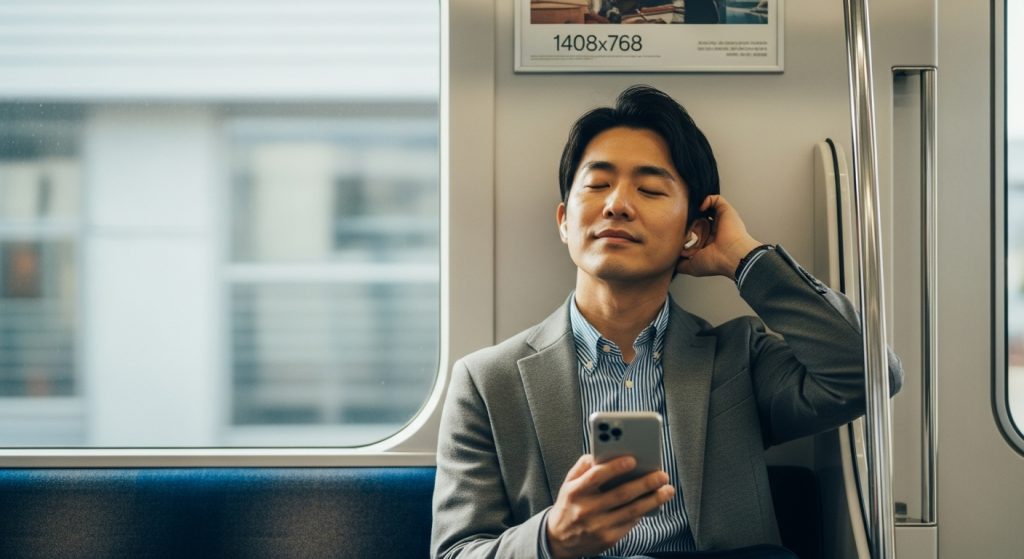 通勤電車の中でイヤホンを付け、両手が空いたままオーディオブックを楽しむ日本人会社員の男性。スキマ時間を有効活用しているイメージ
