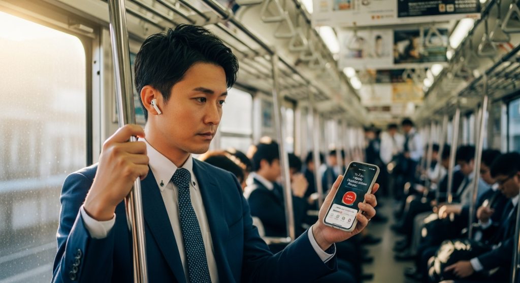 通勤電車の中でイヤホンをつけてオーディブルを聴きながら学習している日本人会社員男性。前向きで自己成長を意識しているイメージ