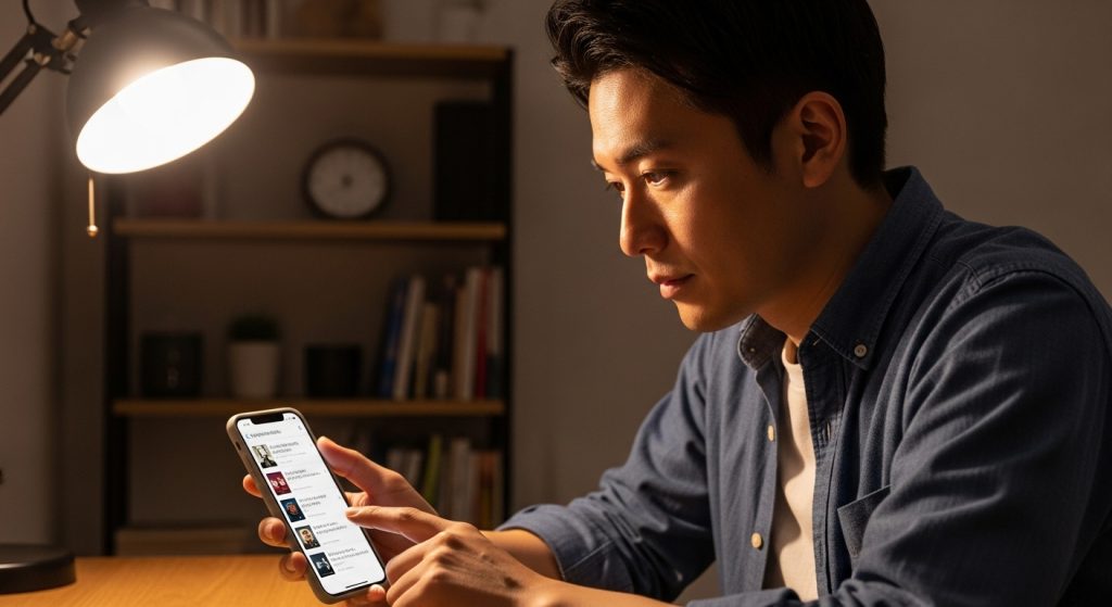 スマホのオーディブル画面でビジネス書一覧を見ながら、どれを聴くか選んでいる日本人会社員男性。知識を吸収しようとしているイメージ