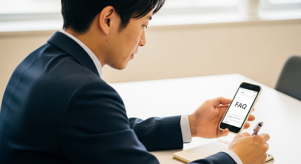 料金や対応端末などの疑問をスマホで確認し、メモを取りながら納得している日本人会社員の男性。初心者の不安が解消されるイメージ
