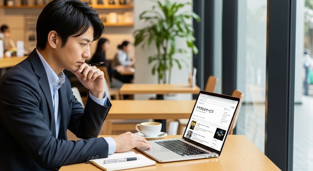 カフェでノートPCを見ながらオーディブルの使い方や疑問を調べている日本人会社員男性。疑問を解決しようとしているシーン