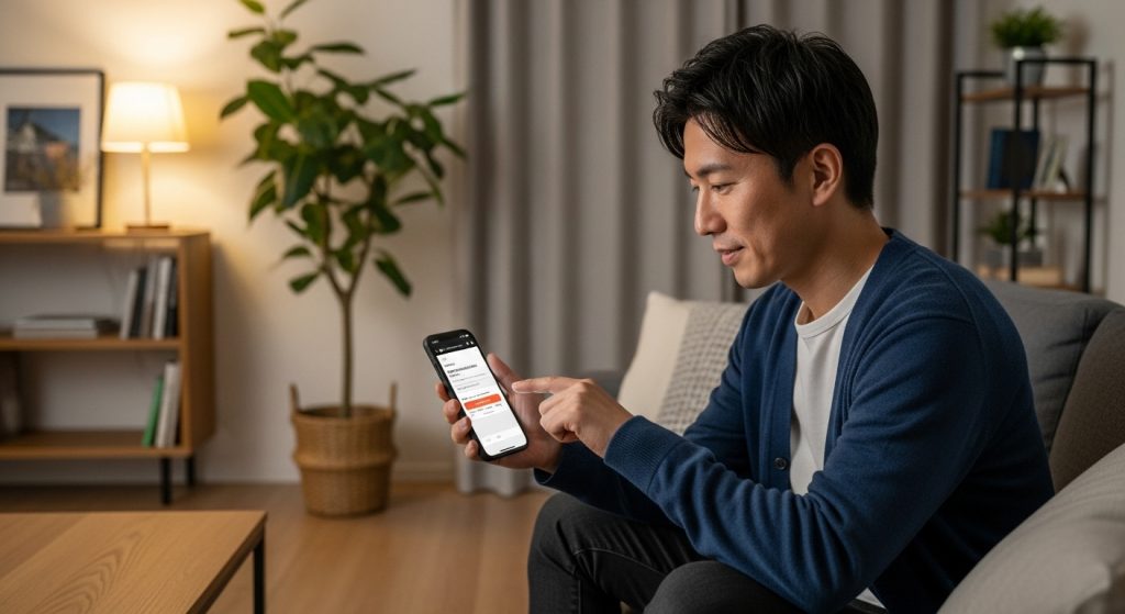 自宅でスマホからオーディブル無料登録をしている日本人会社員男性のイメージ