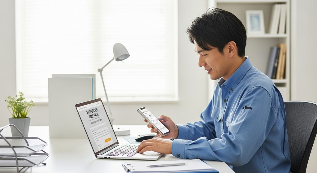 デスクでノートPCとスマホを使い、無料体験の申し込み手順を進める日本人会社員の男性。手続きが簡単で安心できるイメージ