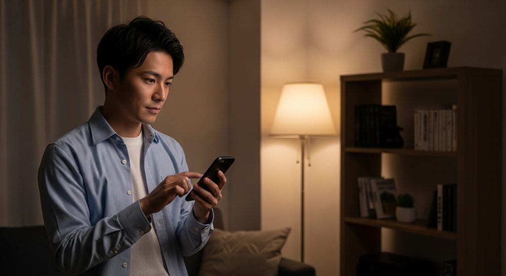 仕事帰りの日本人会社員の男性が、自宅でスマホのオーディオブック一覧を見ながらミステリー作品を選んでいる。少しワクワクするイメージ
