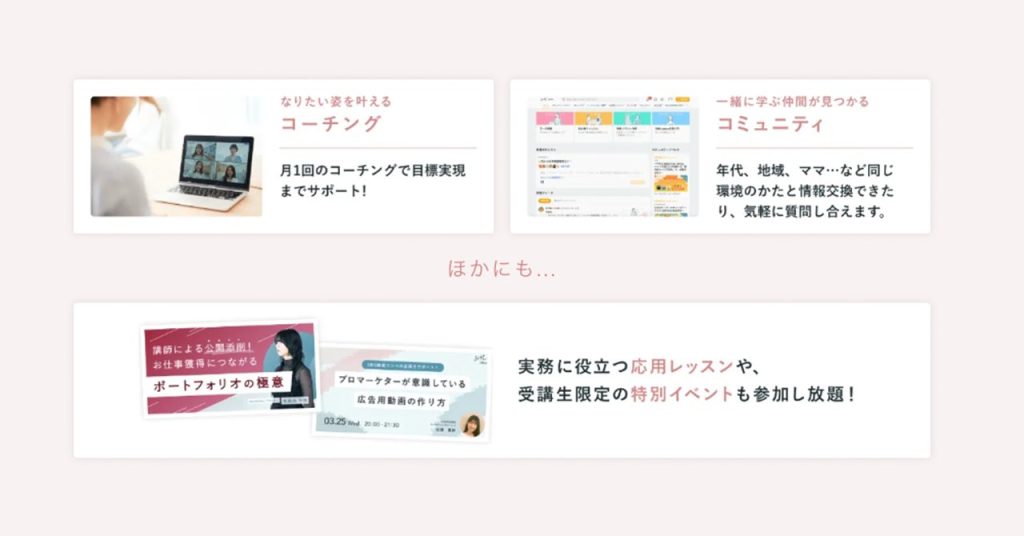 シーライクスのサポート内容を紹介する画像。左上にはオンラインコーチングの様子が写り『月1回のコーチングで目標実現までサポート！』と記載。右上にはコミュニティ機能の画面と共に『年代・地域・ママ…など同じ環境の仲間と情報交換できる』と説明されている。下段には『ポートフォリオの極意』や『広告動画の作り方』などの応用レッスン、特別イベントの参加案内が並び、実務に役立つコンテンツが豊富であることを伝えている。