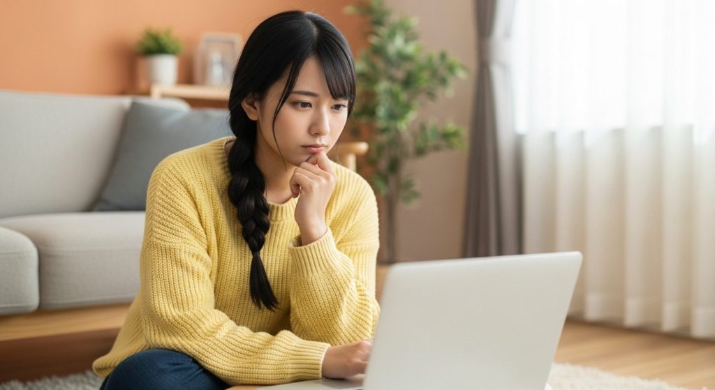 生成AIセミナーについてノートパソコンの前で悩む女性