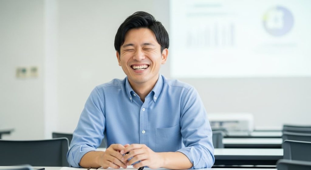 セミナーを受けて喜ぶ男性