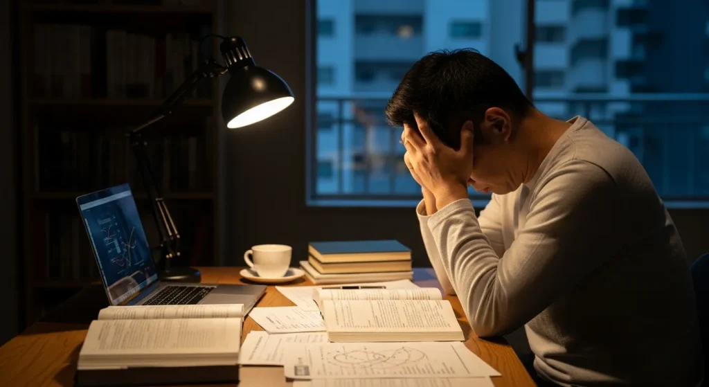 勉強がはかどらずに悩んで頭を抱えている30代の日本人男性