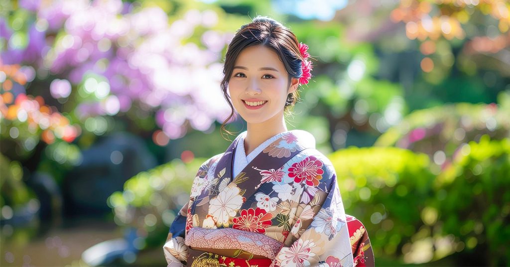 生成AIで作成された、着物を着て微笑む女性のイメージ。