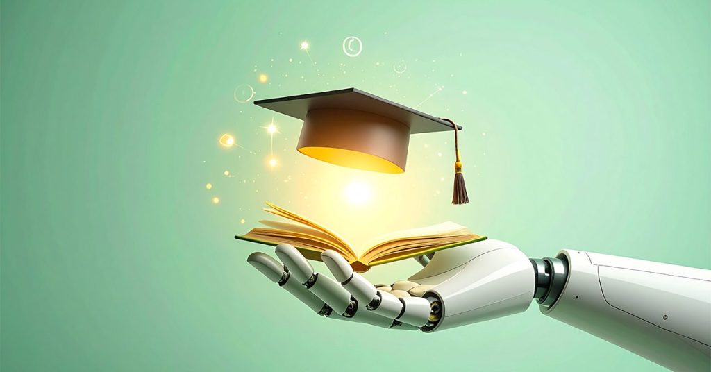 ロボットアームの上に開いた本と学位帽が浮かんでいる。学びや教育を象徴するイメージ