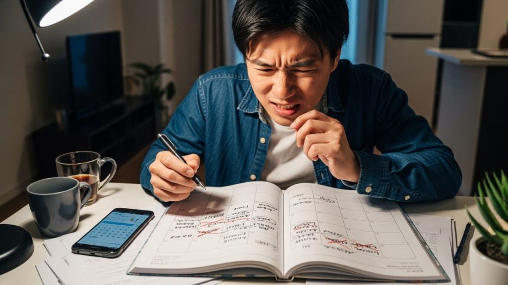 スケージュール帳を書きながら悩む男性