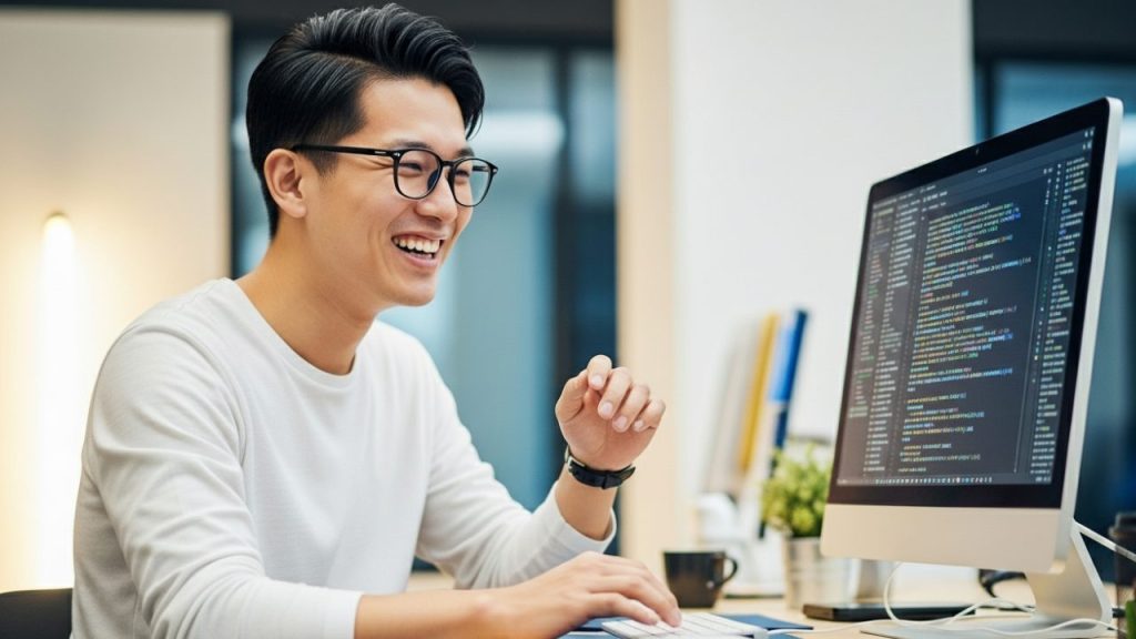 楽しそうにプログラミング学習をするメガネの男性