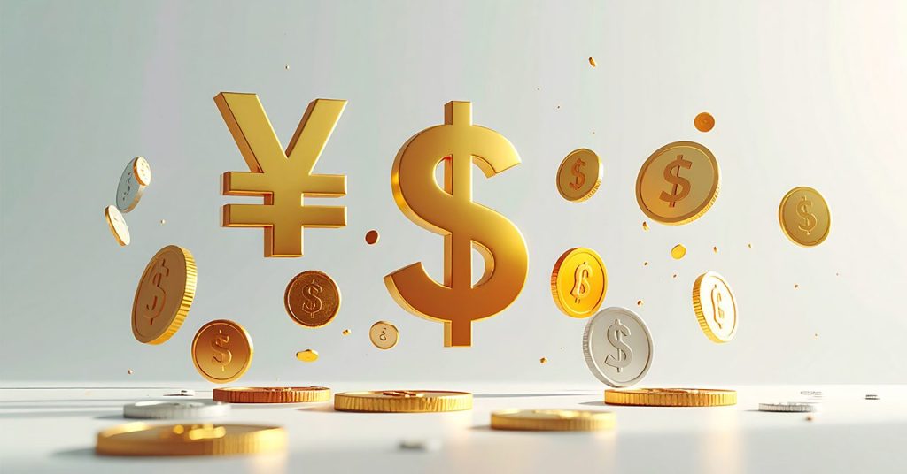 金色のドル記号と円記号、硬貨が宙に浮かんでいる。収益・お金を象徴するビジュアル。