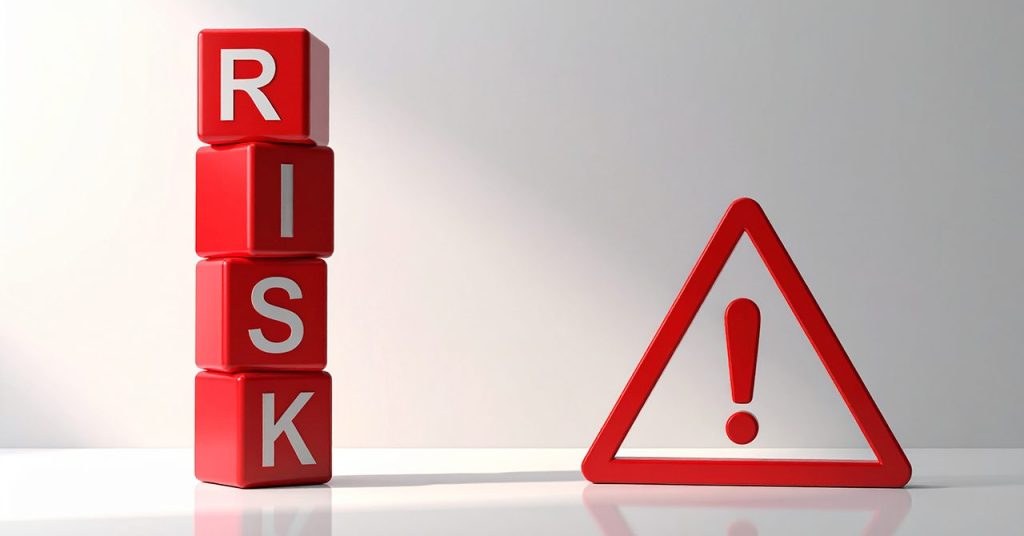 赤いブロックで積まれた「RISK」の文字と、感嘆符を示す警告マークのイメージ。