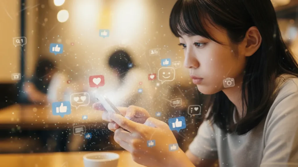 SNSをスマホで見ている女性