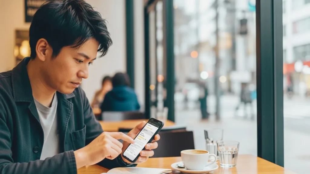 スマホで口コミをチェックする男性