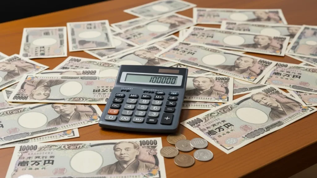 電卓とお金が置かれた机