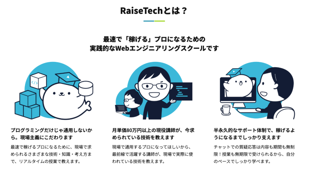 RaiseTech公式ページ「RaiseTechとは?」のキャプチャ。