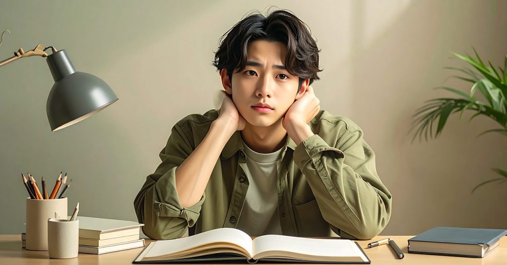 不安気に悩んでいる様子の青年のビジュアル。