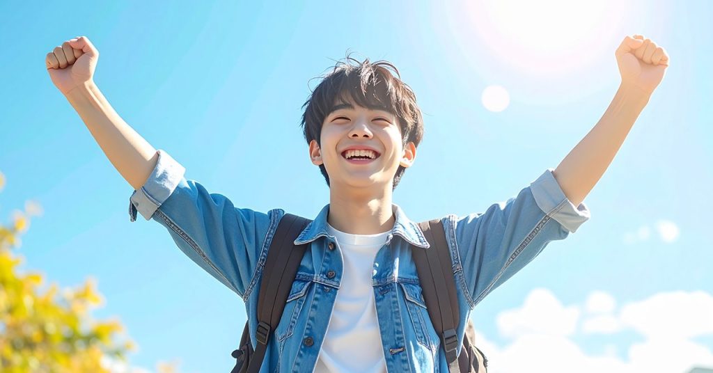 ガッツポーズで喜んでいる青年のビジュアル。