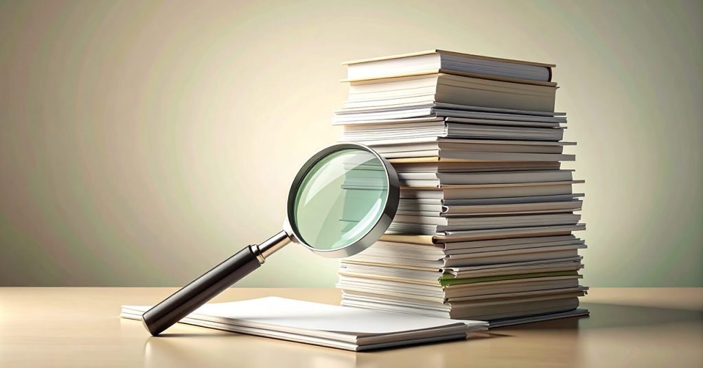 積み上げられた資料とルーペのビジュアル。