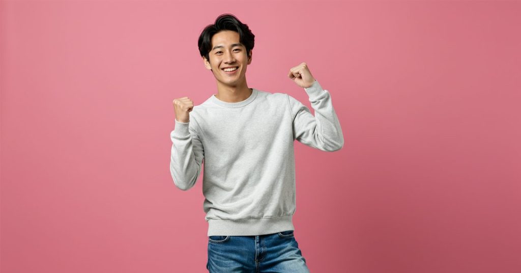 ガッツポーズで笑顔を見せる男性のビジュアル。