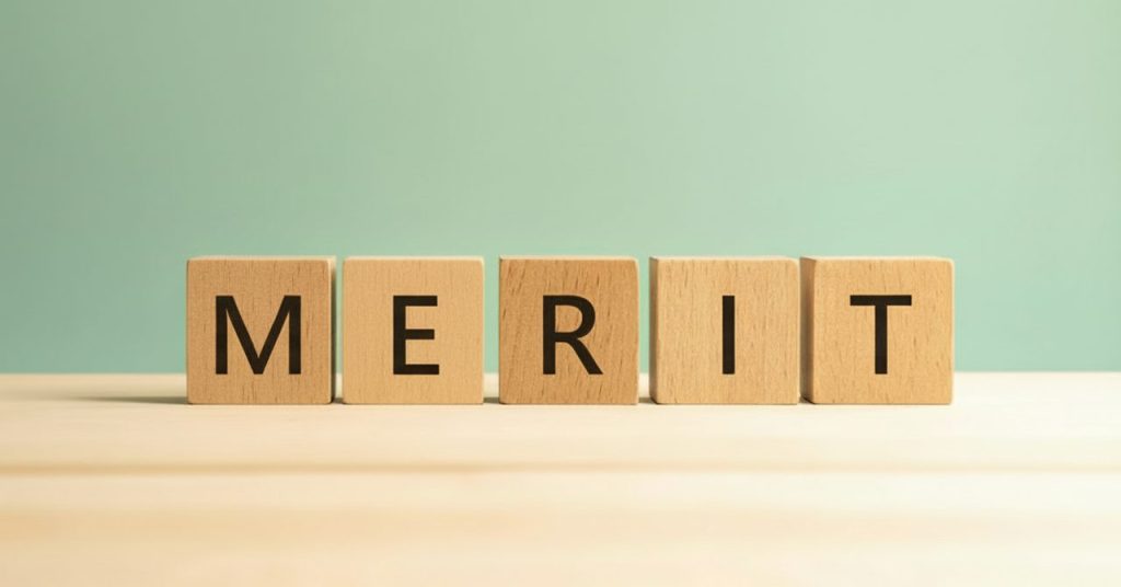 「MERIT」と書かれた木製ブロックの画像。MERITイメージのビジュアル。