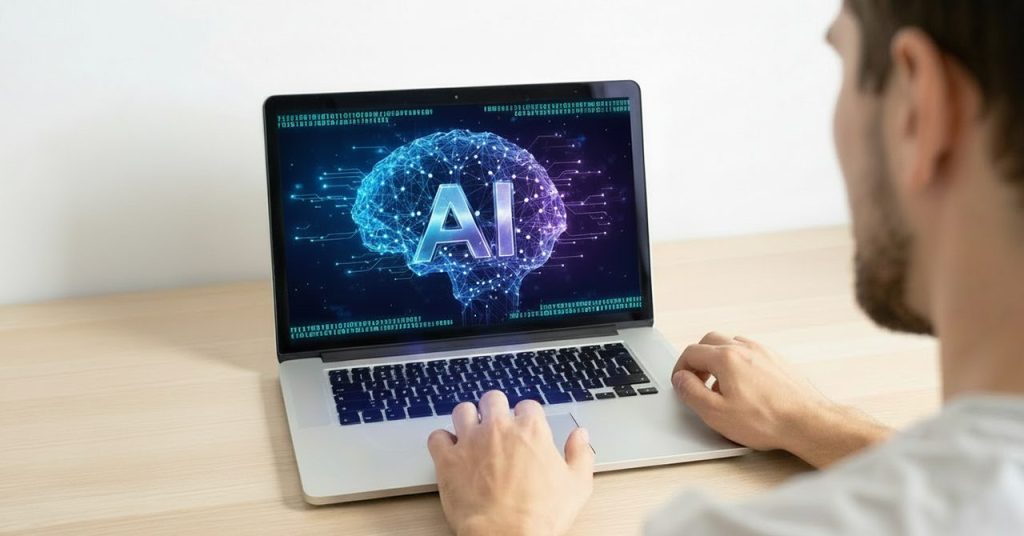ノートパソコンに「AI」のイメージ画像が表示されている。AIを学ぶイメージのビジュアル。