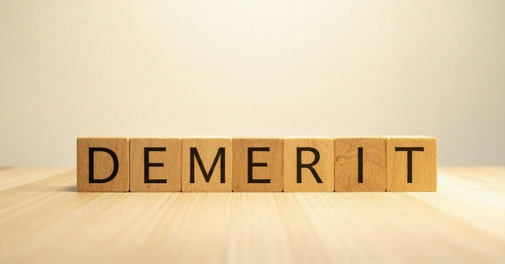 「DEMERIT」と書かれた木製ブロックの画像。DEMERITイメージのビジュアル。