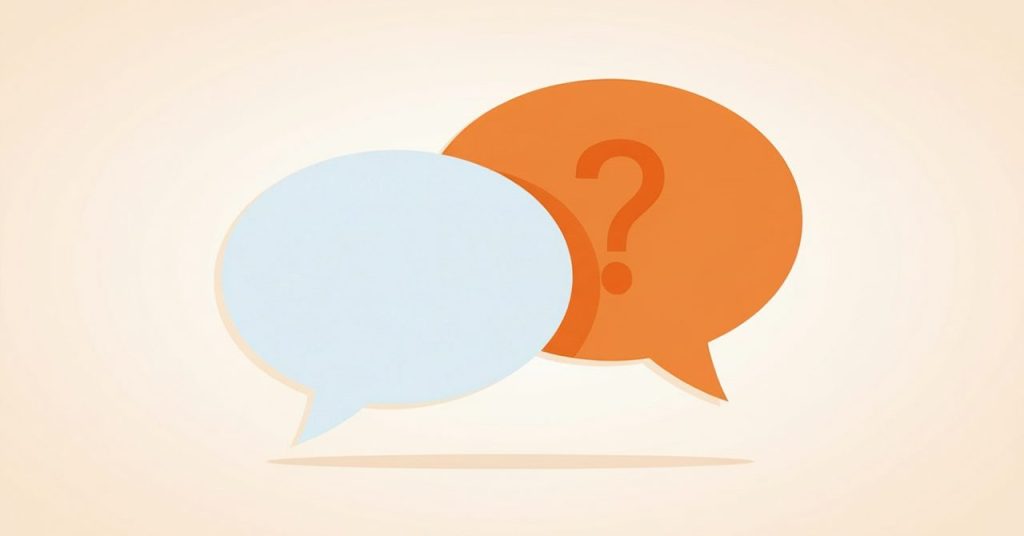 2つの吹き出しの画像。1つの吹き出しには?マークがあり、質問回答をイメージするビジュアル。
